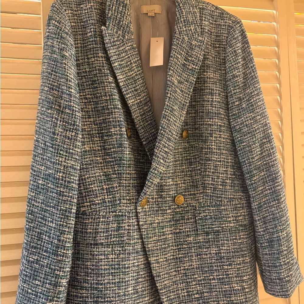 LOFT Teal-Blue Tweed Double-Breasted Blazer
